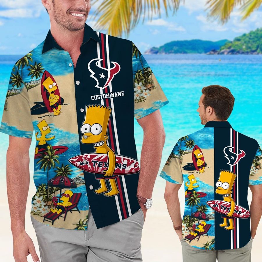 Houston Texans Simpsons Custom Name Short Sleeve Button Up Tropical Aloha Hawaiian Shirts For Men Women