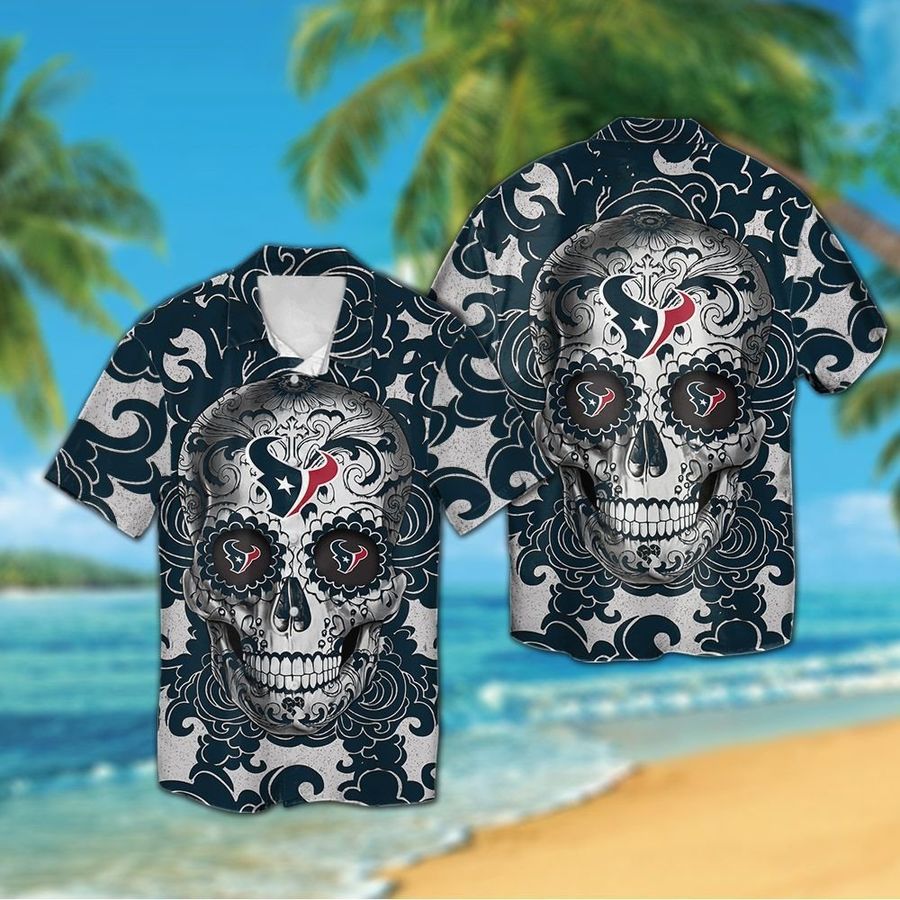 Houston Texans Sugarskull Short Sleeve Button Up Tropical Aloha Hawaiian Shirts For Men Women