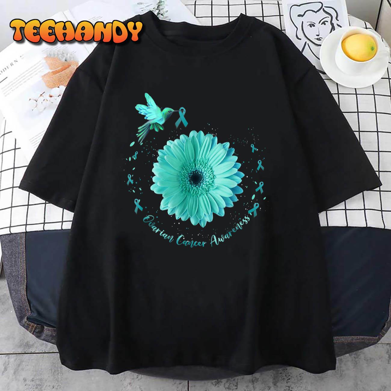 Hummingbird Sunflower Teal Ribbon Ovarian Cancer Awareness T-Shirt