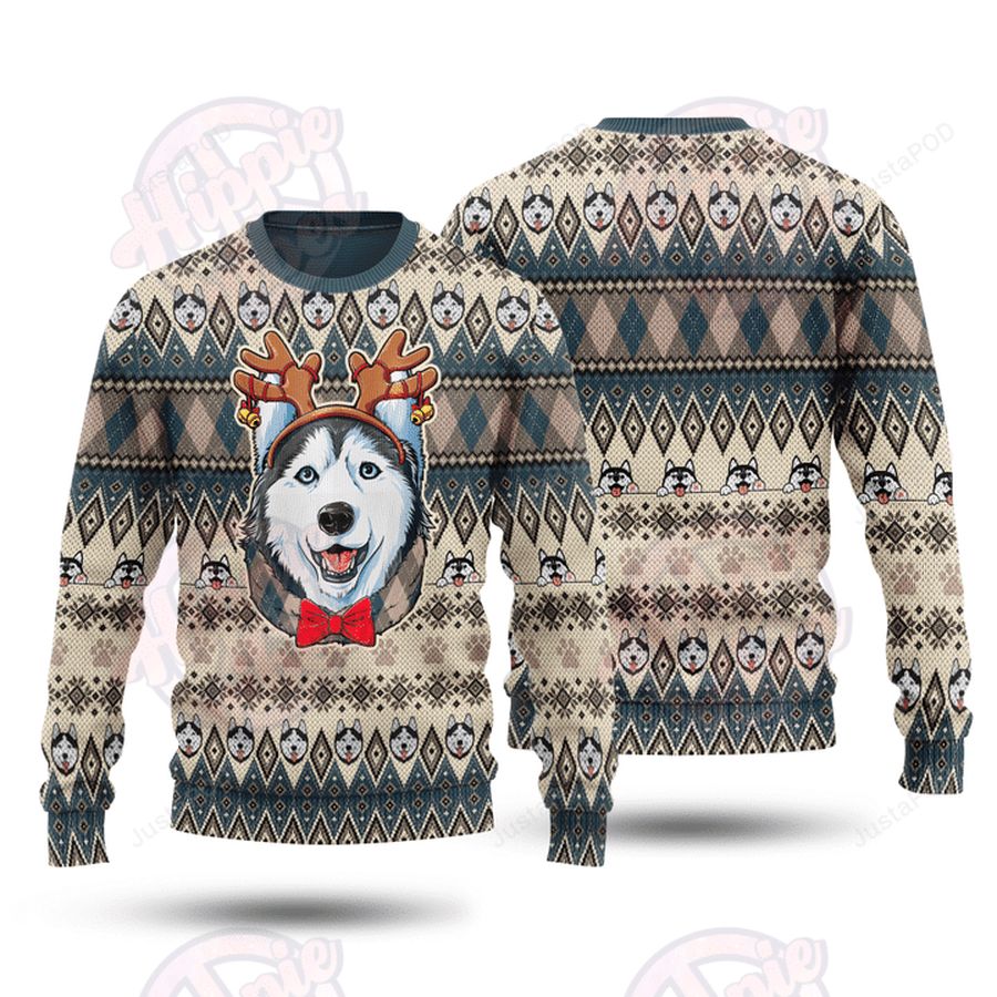 Husky Reindeer Horn Ugly Christmas Sweater All Over Print Sweatshirt