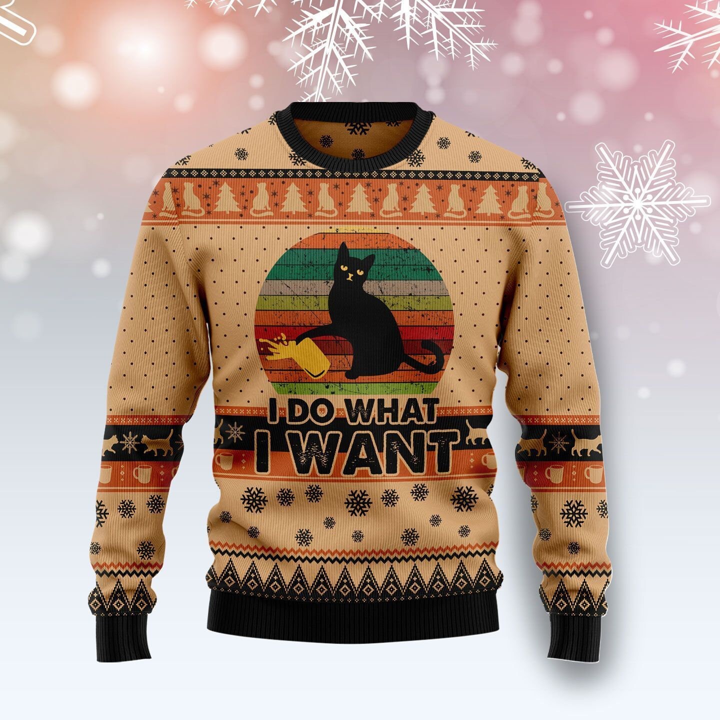 I Do What A Want Black Cat Ugly Christmas Happy Xmas Wool Knitted Sweater
