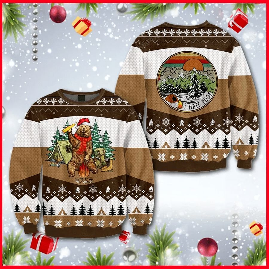 I Hate People Bear Beer Ugly Christmas Sweater All Over