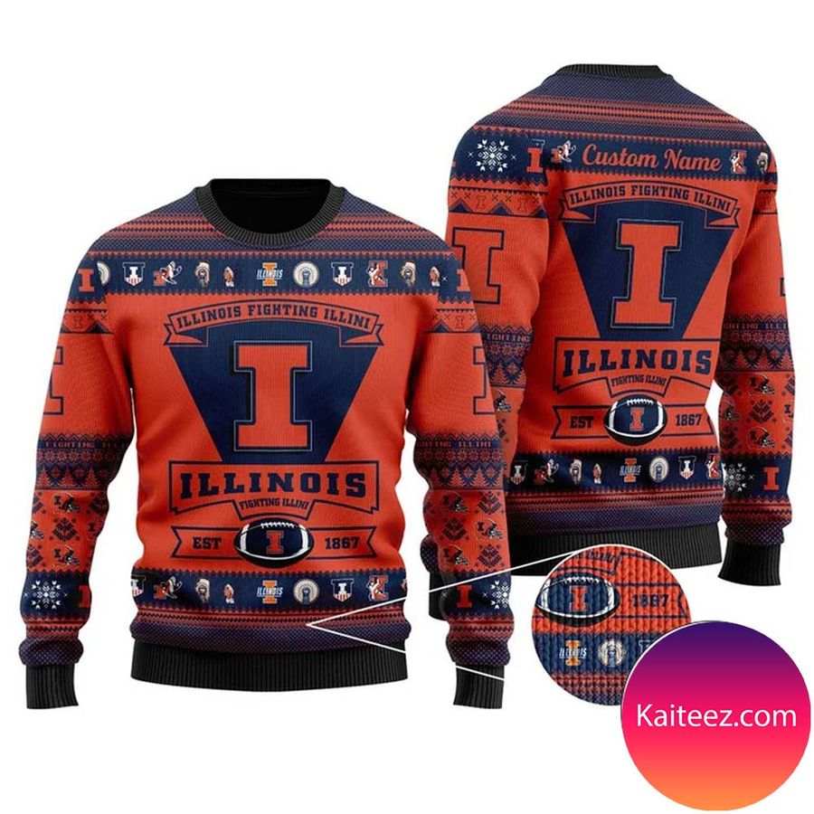 Illinois Fighting Illini Football Team Logo Personalized Christmas Ugly Sweater