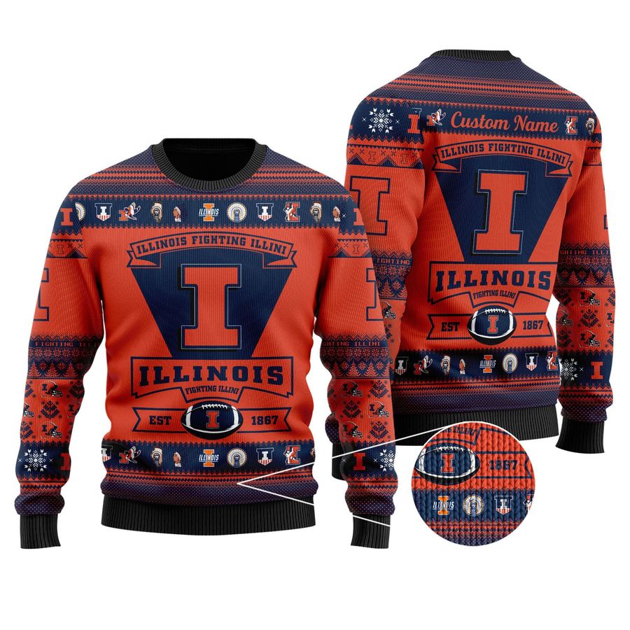 Illinois Fighting Illini Football Team Logo Personalized Ugly Christmas Sweater