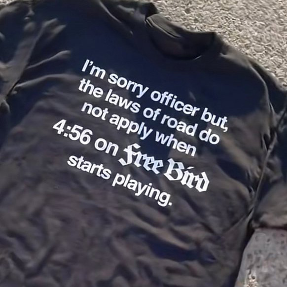 I'm sorry officer but the laws of road to not apply when 4-56 on free bird starts playing shirt