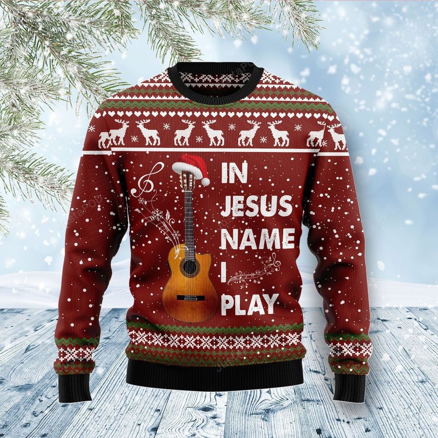 In Jesus Name I Play Guitar Ugly Christmas Sweater Ugly