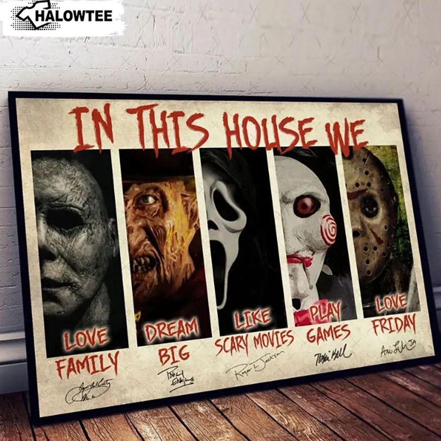 In This House Horror Movie Characters Poster Canvas Wall Art Michael Myers, Freddy Krueger