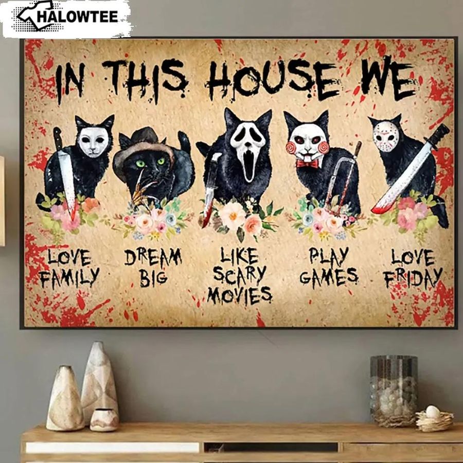 In This House We Love Horror Characters Halloween Black Cat Poster Canvas Wall Art