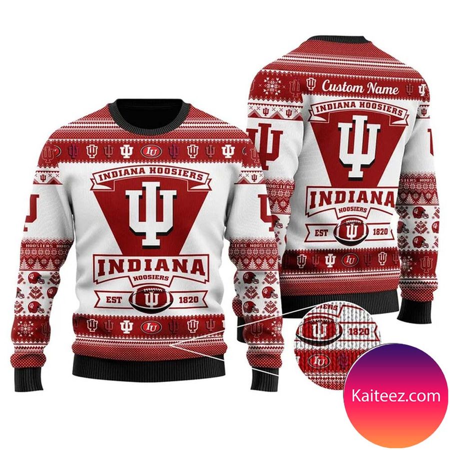 Indiana Hoosiers Football Team Logo Custom Name Personalized Christmas Ugly Sweater