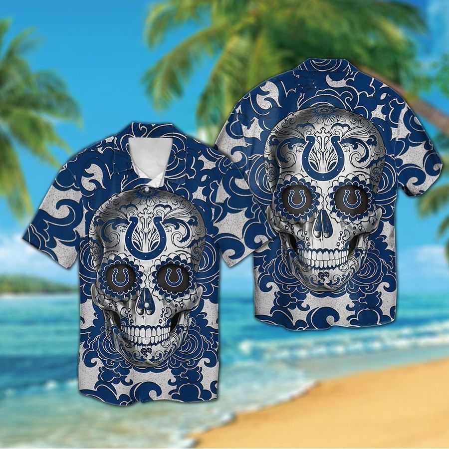 Indianapolis Colts Sugarskull Short Sleeve Button Up Tropical Aloha Hawaiian Shirts For Men Women