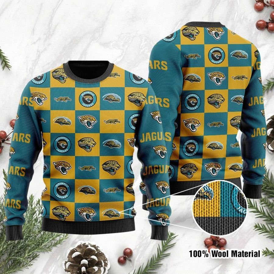 Jacksonville Jaguars Logo Checkered Flannel Design Ugly Christmas Sweater Ugly