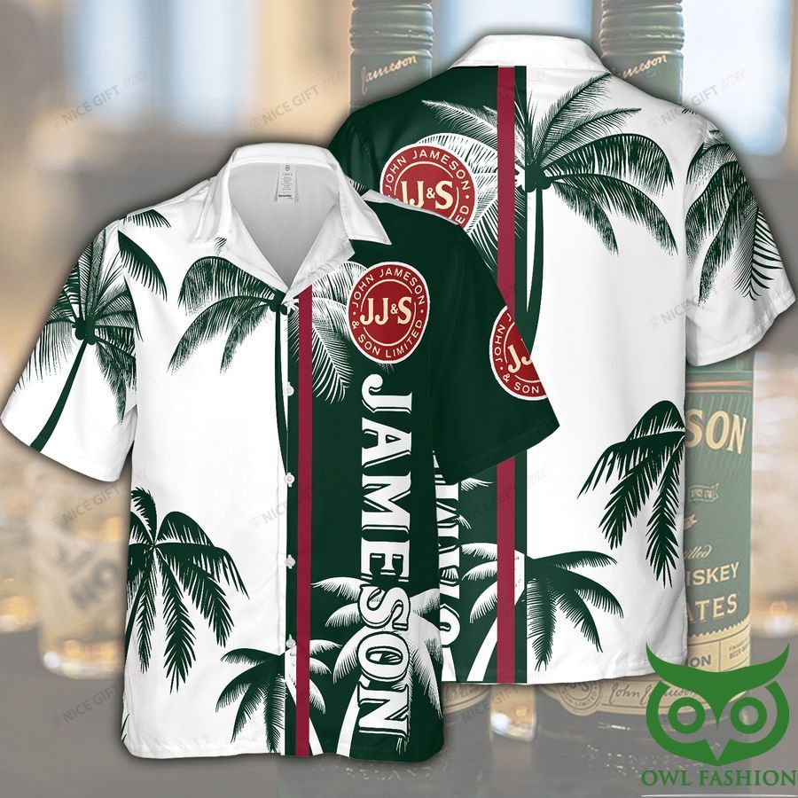 Jameson Irish Whiskey Palm Tree Green and White Hawaiian Shirt