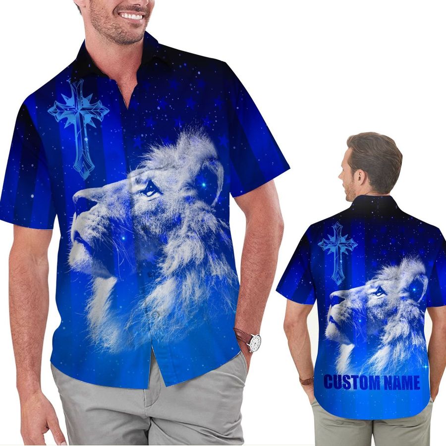 Jesus Cross Lion Galaxy American Flag Custom Name 3d Men Hawaiian Aloha Button Up Shirt For God Lovers In Daily Life