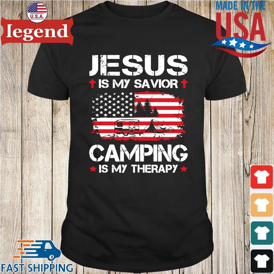 Jesus is my savior camping is my therapy American flag shirt