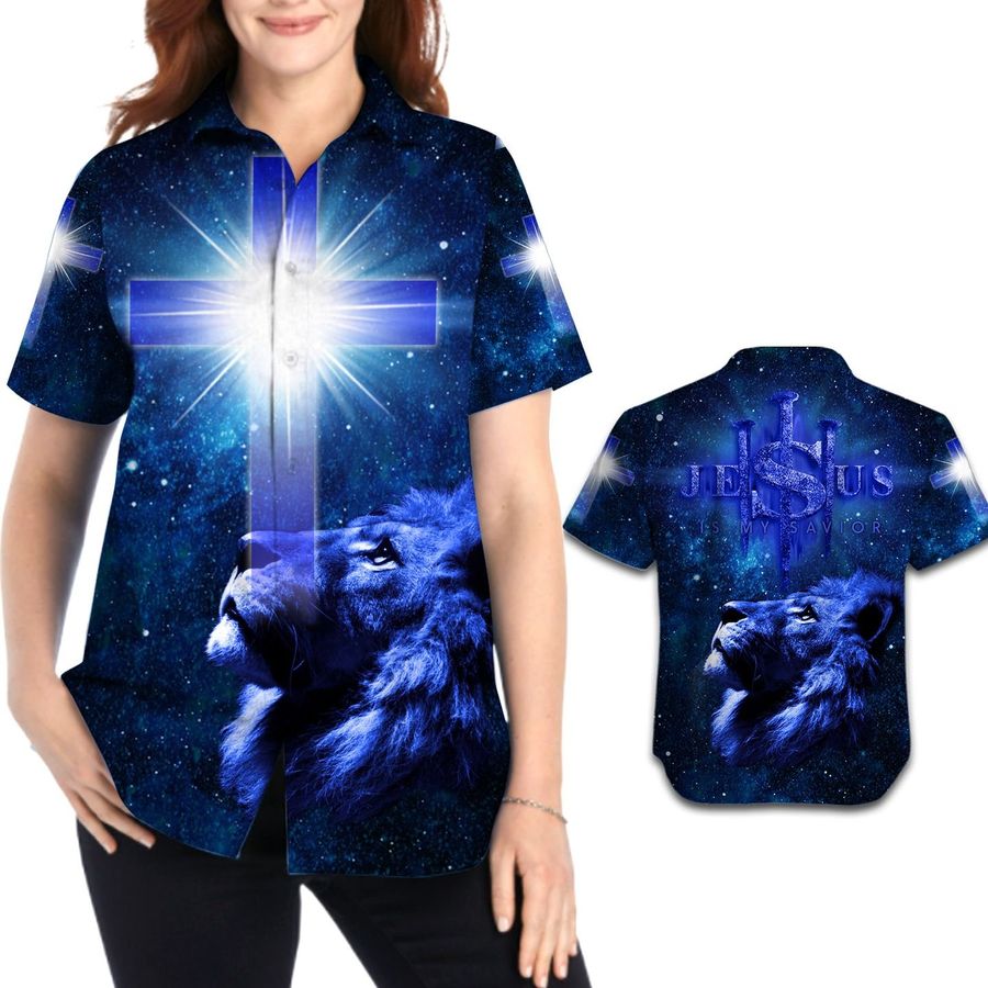 Jesus Is My Savior Cross And Lion Galaxy Background Women Button Up Hawaiian Shirt For God Lovers In Summer And Daily Life