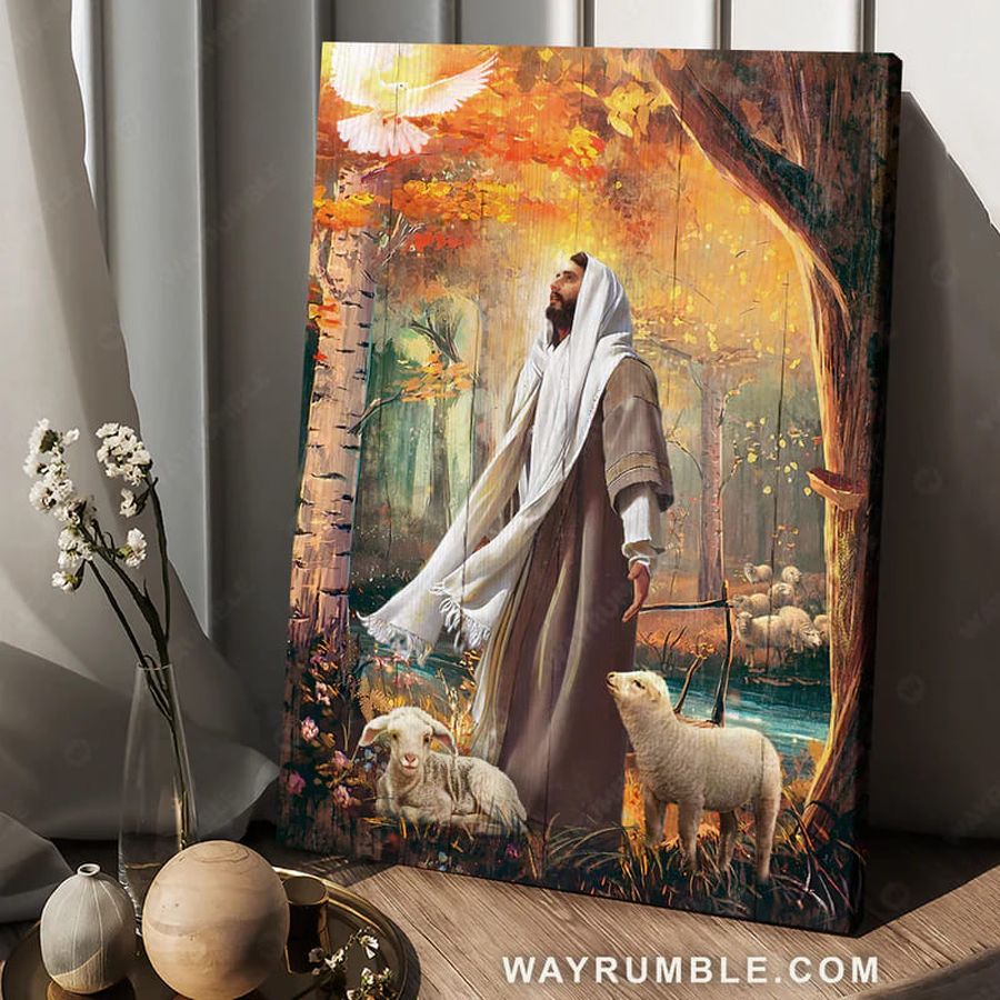 Jesus With Lambs And Pigeon In Autumn Season Gift Thanksgiving Poster Home Decor Poster Canvas
