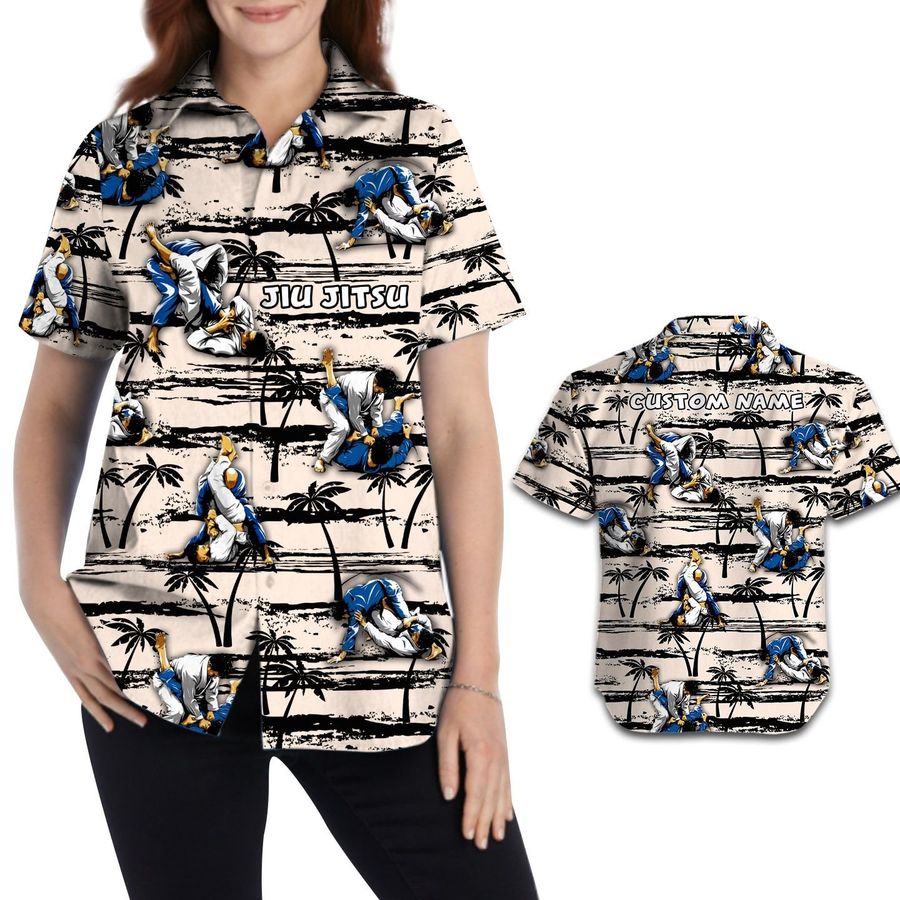 Jiu Jitsu Tropical Coconut Trees Custom Name Personalized Women Aloha Button Up Hawaiian Shirt For Bjj Martial Lovers