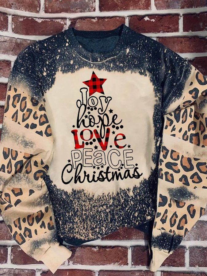 Joy hope love peace tree Leopard Bleached Sweater