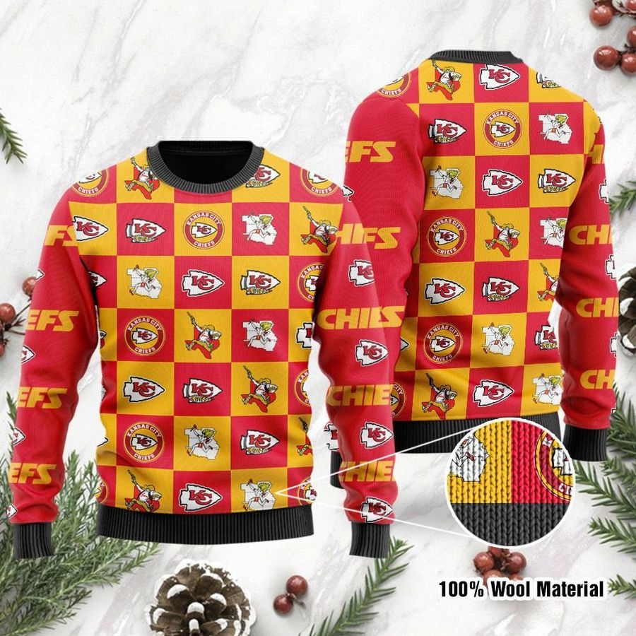 Kansas City Chiefs Logo Checkered Flannel Ugly Christmas Sweater Ugly
