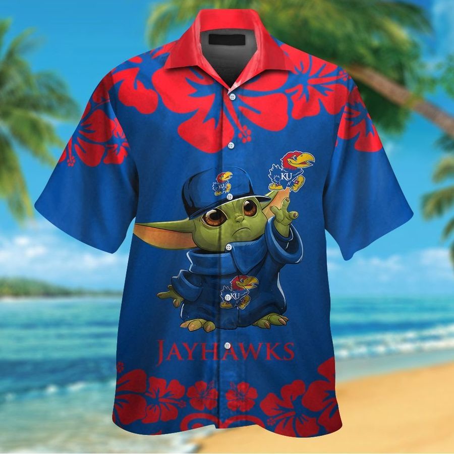Kansas Jayhawks Baby Yoda Short Sleeve Button Up Tropical Aloha Hawaiian Shirts For Men Women
