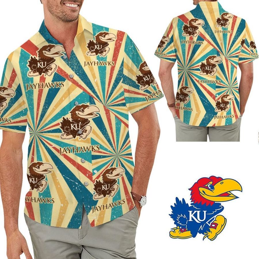 Kansas Jayhawks Retro Vintage Style Short Sleeve Button Up Tropical Aloha Hawaiian Shirts For Men Women For Trumpeters On Beach Summer Vacation University Of Kansas