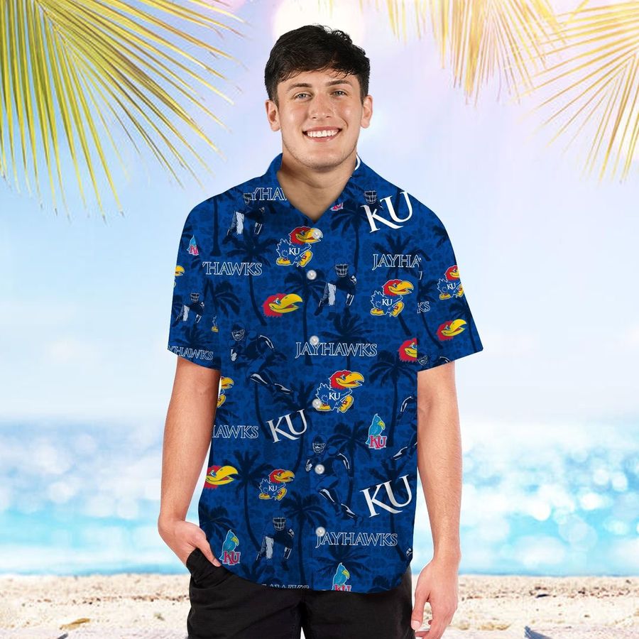 Kansas Jayhawks Tropical Beach Coconut Tree Short Sleeve Button Up Tropical Aloha Hawaiian Shirts For Men Women University Of Kansas