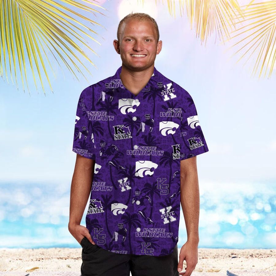 Kansas State Wildcats Tropical Beach Coconut Tree Short Sleeve Button Up Tropical Aloha Hawaiian Shirts For Men Women Kansas State University Wildcats