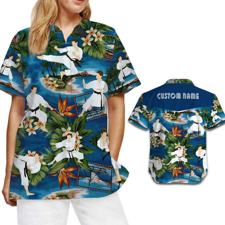Karate Image Tropical Floral Aloha Custom Name Personalized Gifts Women Button Up Hawaiian Shirt For Martial Art Lovers
