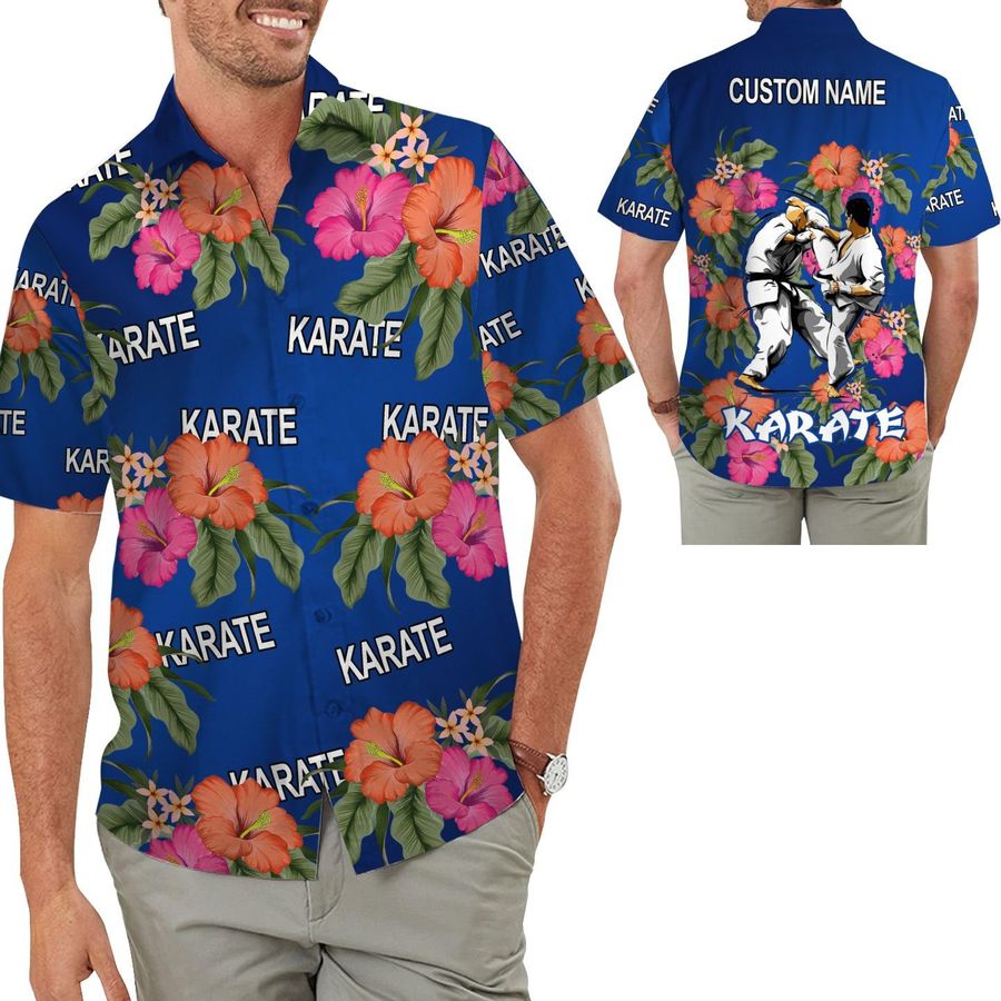 Karate Image Tropical Floral Custom Name Personalized Gifts Men Aloha Button Up Hawaiian Shirt For Martial Arts Lovers In Summer