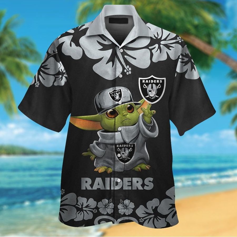 Las Vegas Raiders Baby Yoda Short Sleeve Button Up Tropical Aloha Hawaiian Shirts For Men Women