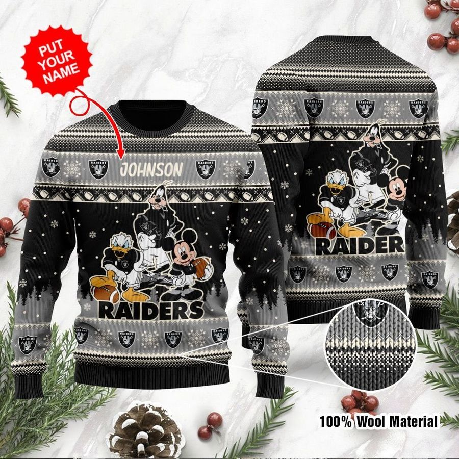 Las Vegas Raiders Disney Donald Duck Mickey Mouse Goofy Personalized Ugly Christmas Sweater, Christmas Sweaters, Hoodie, Sweatshirt, Sweater