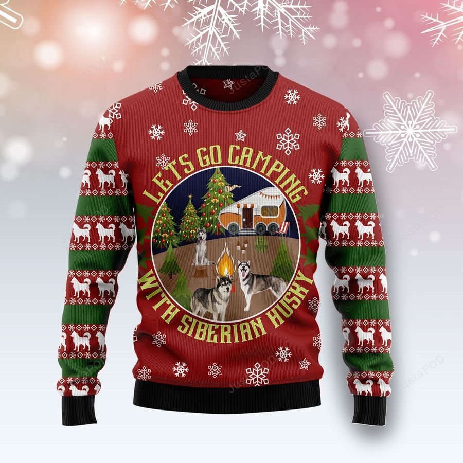 Lets Go Camping With Siberian Husky Christmas Ugly Sweater Ugly