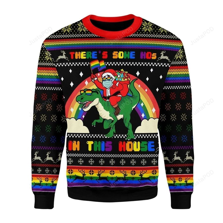LGBT Flag Christmas Santa Clause And Dinosaur Ugly Christmas Sweater