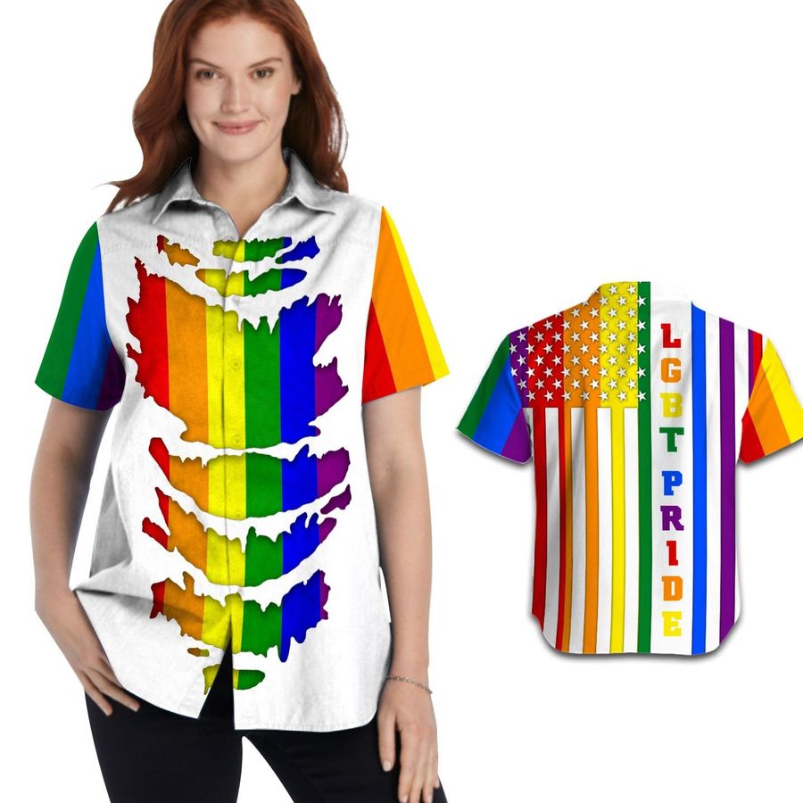 Lgbt Pride Flag American Flag Women Aloha Button Up Hawaiian Shirt For Lgbtq Community In Daily Life Unique Gifts