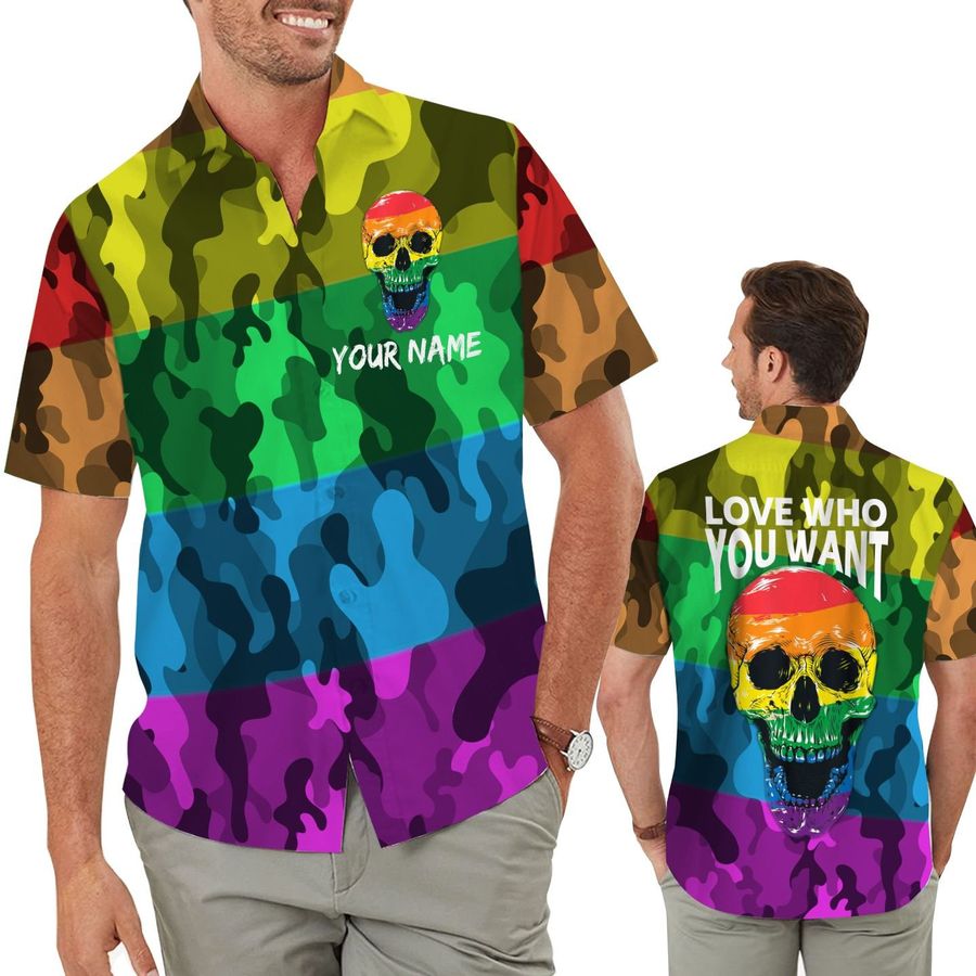 Lgbt Rainbow Camouflage Skull Custom Name Men Hawaiian Aloha Shirt For Gay Lesbian Bisexual Transgender In Pride Month