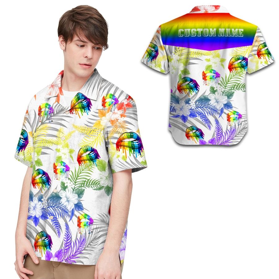 Lgbt Rainbow Lips Tropical Leaves And Flowers Custom Name Men Hawaiian Shirt For Lgbtq Community