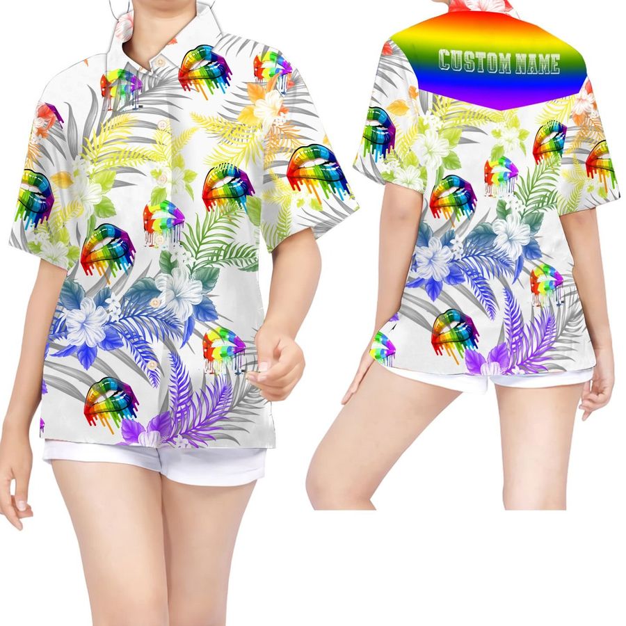 Lgbt Rainbow Lips Tropical Leaves And Flowers Custom Name Women Hawaiian Shirt For Lgbtq Community