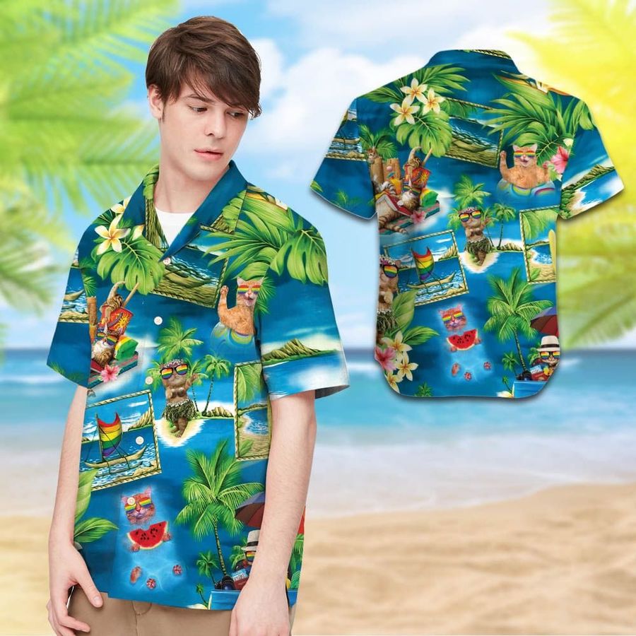 Lgbt With Cats And Tropical Leaves Hawaiian Shirt For Lgbt Community