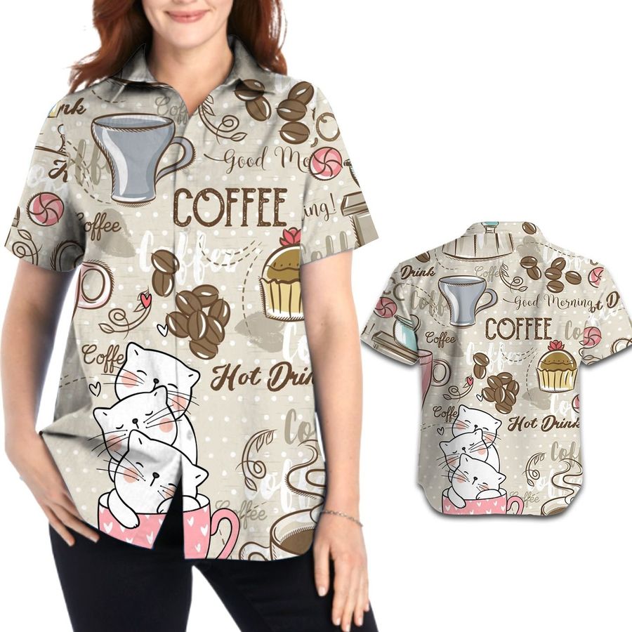 Lonely Cat And Coffee 3d All Over Print Design Women Aloha Button Up Hawaiian Shirt For Coffee Animal Lovers In Summer