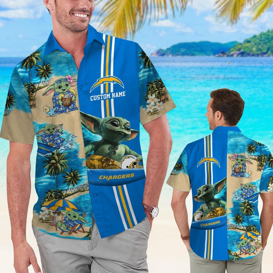 Los Angeles Chargers Baby Yoda Custom Name Short Sleeve Button Up Tropical Aloha Hawaiian Shirts For Men Women