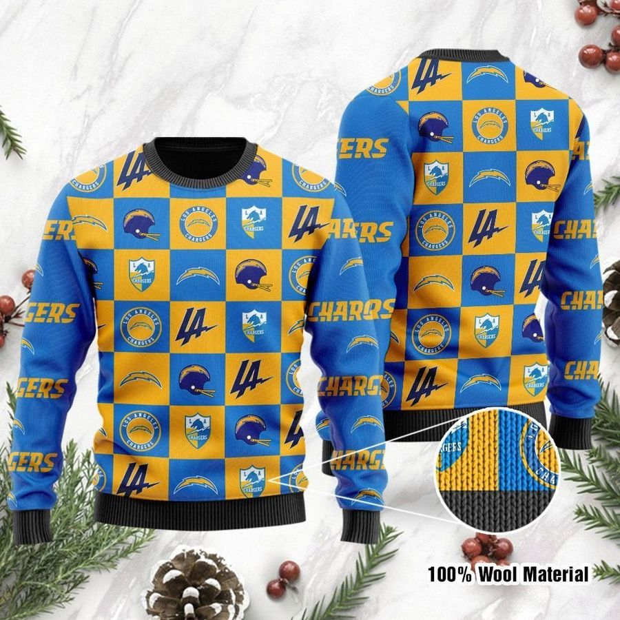 Los Angeles Chargers Logo Checkered Flannel Design Ugly Christmas Sweater