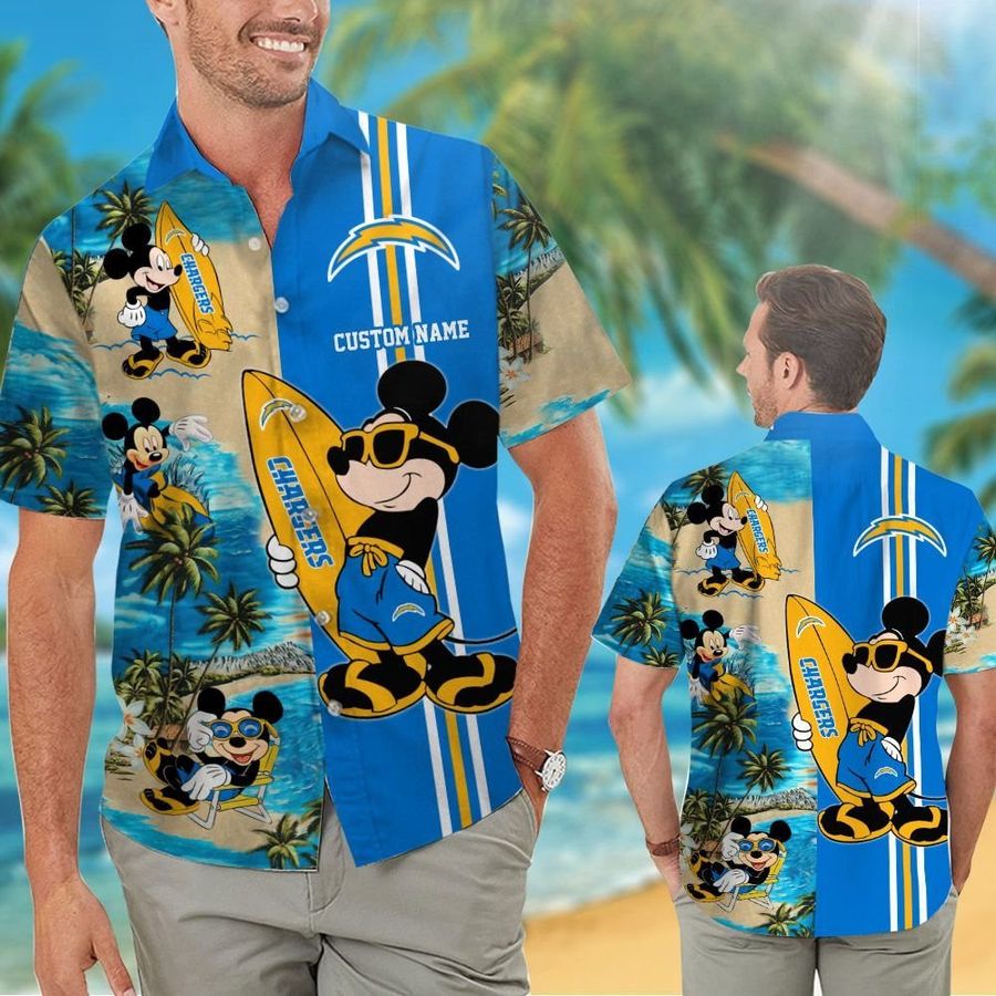 Los Angeles Chargers Mickey Custom Name Short Sleeve Button Up Tropical Aloha Hawaiian Shirts For Men Women