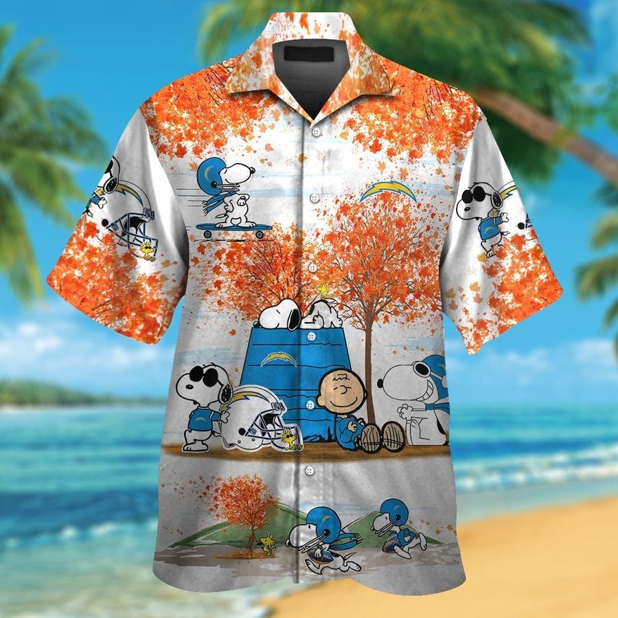 Los Angeles Chargers Snoopy Autumn Short Sleeve Button Up Tropical Aloha Hawaiian Shirts For Men Women