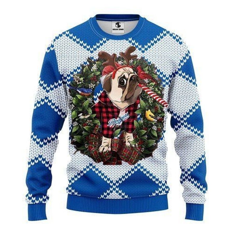 Los Angeles Dodgers Pug Dog Ugly Christmas Sweater All Over