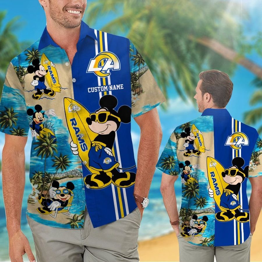 Los Angeles Rams Mickey Custom Name Short Sleeve Button Up Tropical Aloha Hawaiian Shirts For Men Women