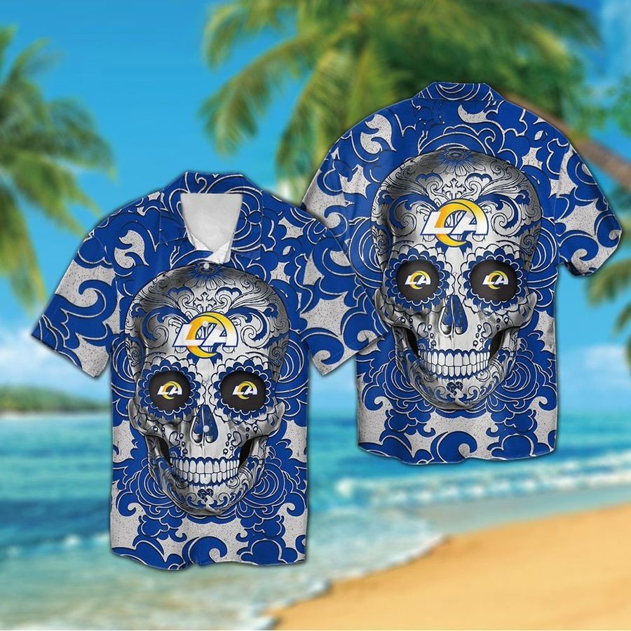 Los Angeles Rams Sugarskull Short Sleeve Button Up Tropical Aloha Hawaiian Shirts For Men Women