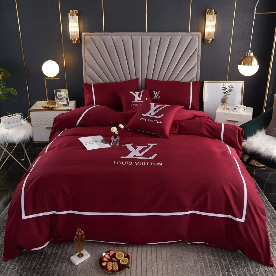 Louis Vuitton Basic Logo in Red Background Bedding Set Queen