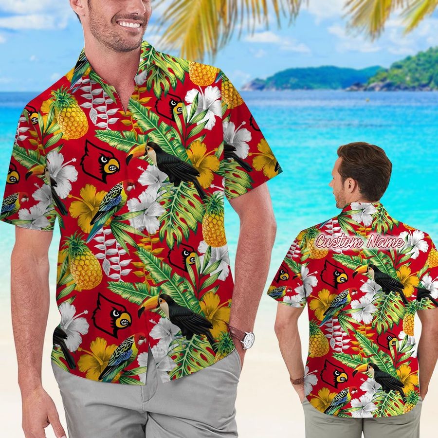 Louisville Cardinals Custom Name Parrot Floral Tropical Men Women Short Sleeve Button Up Tropical Aloha Hawaiian Shirts For Men Women University Of Louisville