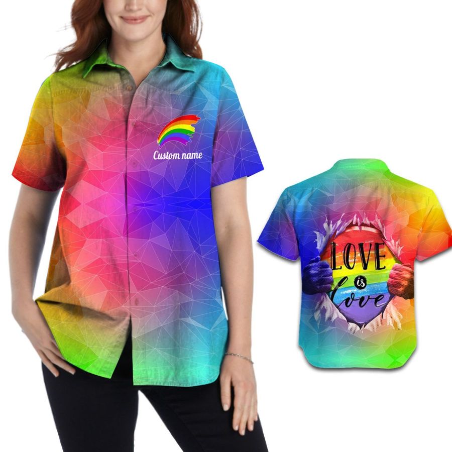 Love Is Love Rainbow Geometric Custom Name Women Hawaiian Aloha Tropical Beach Button Up Shirt Fir Lgbtq In Pride Month