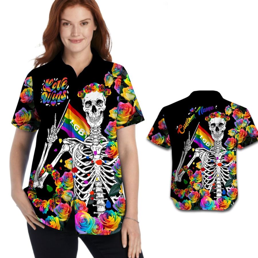 Love Wins Lgbt Skeleton With Colorful Roses Custom Name Pride Month Women Hawaiian Shirt